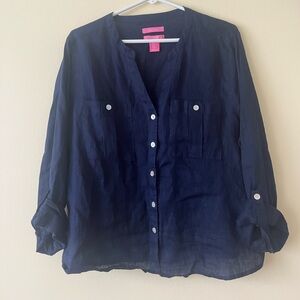 Isaac Mizrahi linen button front navy blue blouse shirt roll tab sleeve XL
